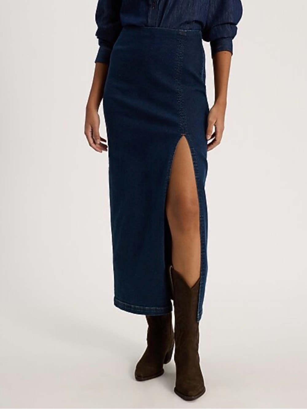 Express Dark Blue Denim Midi Skirt with Front Slit